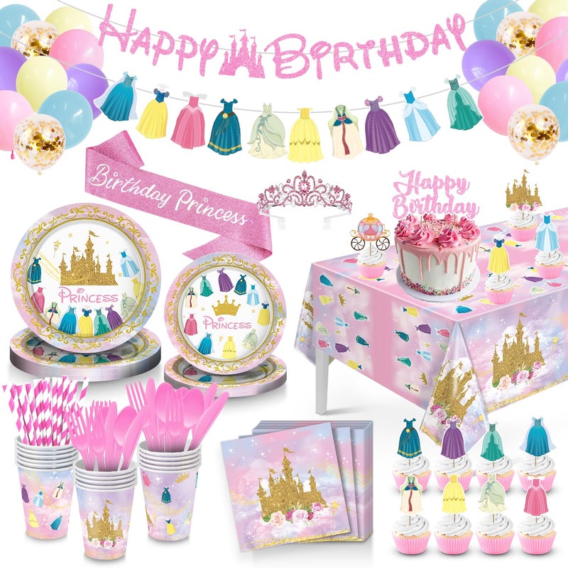 pekeng Princess Birthday Party Decorations 166Pcs Princess Party Girls Decorations Set Includes Prin cess Plates Napkins Cups Tablecloth Serve 16 Shoulder Strap Crown Banner Garland Cake Toppers Balloons - Image 2