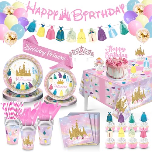 pekeng Princess Birthday Party Decorations 166Pcs Princess Party Girls Decorations Set Includes Prin cess Plates Napkins Cups Tablecloth Serve 16 Shoulder Strap Crown Banner Garland Cake Toppers Balloons - Image 1