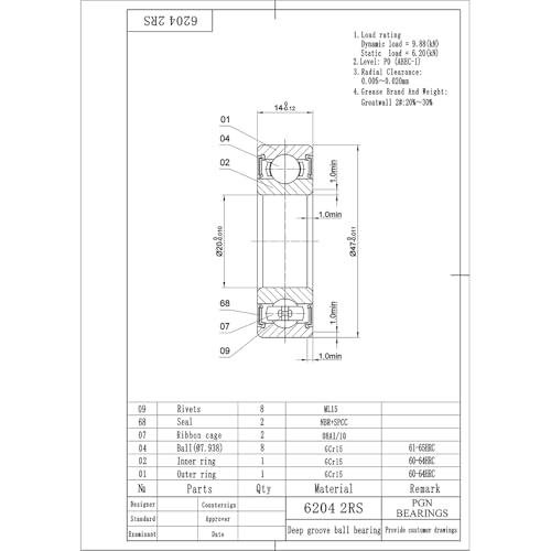 PGN Bearings محامل PGN (10 عبوة) 6204-2RS - محامل كروية مغلقة من الفولاذ الكرومي المشحم - 20x47x14 مم مع ختم مطاطي ودعم عالي السرعة - Image 2