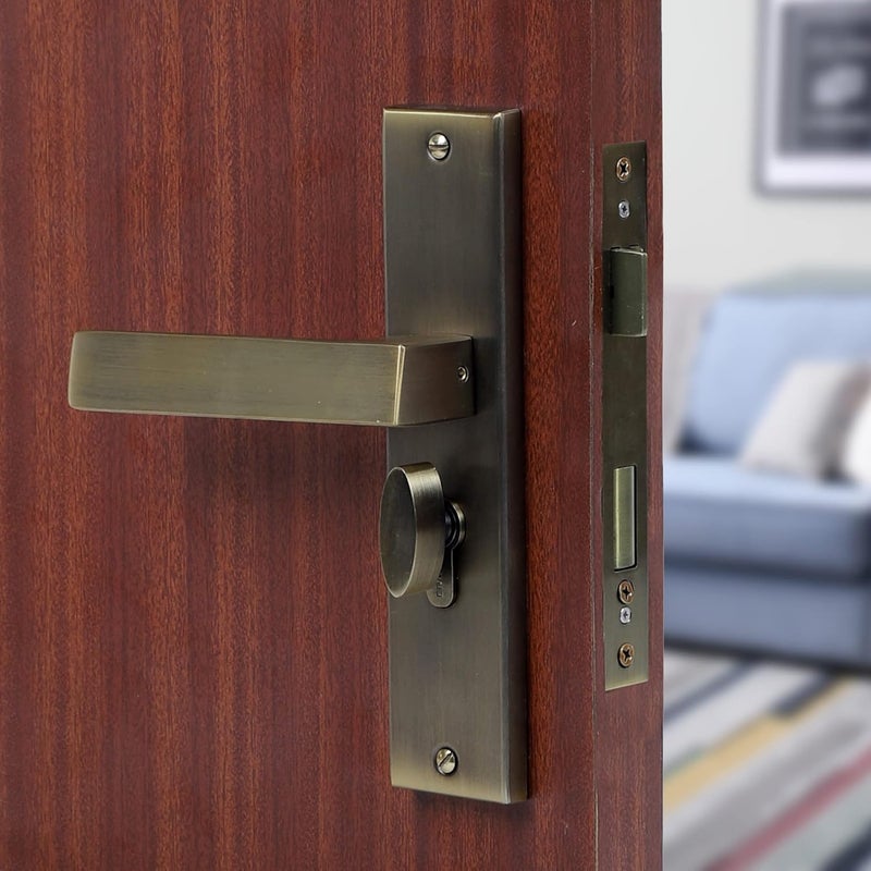BlueSpace Premium 8" Cylindrical Plate Mortise Door Lock Handle Set/Mortise Lock with Brass Lock Body and One Side Key 60mm Brass Cylinder Set with 3 Brass Computer Keys (LB10003, Antique) - Image 1