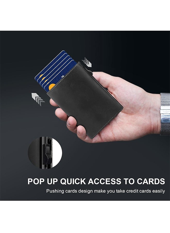 Minimalist Wallet for Men, Pop Up Wallet with Holder for AirTag, Men's Slim Wallet, Card Holder Case Wallet Leather, RFID Blocking, ID Window, Magnetic Closure, Cash Credit Cards Wallet, Black