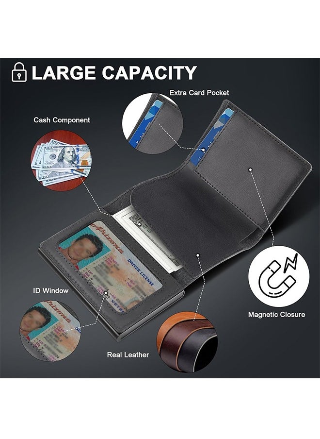 Minimalist Wallet for Men, Pop Up Wallet with Holder for AirTag, Men's Slim Wallet, Card Holder Case Wallet Leather, RFID Blocking, ID Window, Magnetic Closure, Cash Credit Cards Wallet, Black