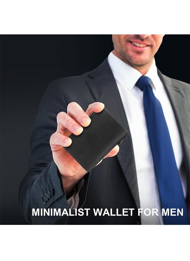 Minimalist Wallet for Men, Pop Up Wallet with Holder for AirTag, Men's Slim Wallet, Card Holder Case Wallet Leather, RFID Blocking, ID Window, Magnetic Closure, Cash Credit Cards Wallet, Black