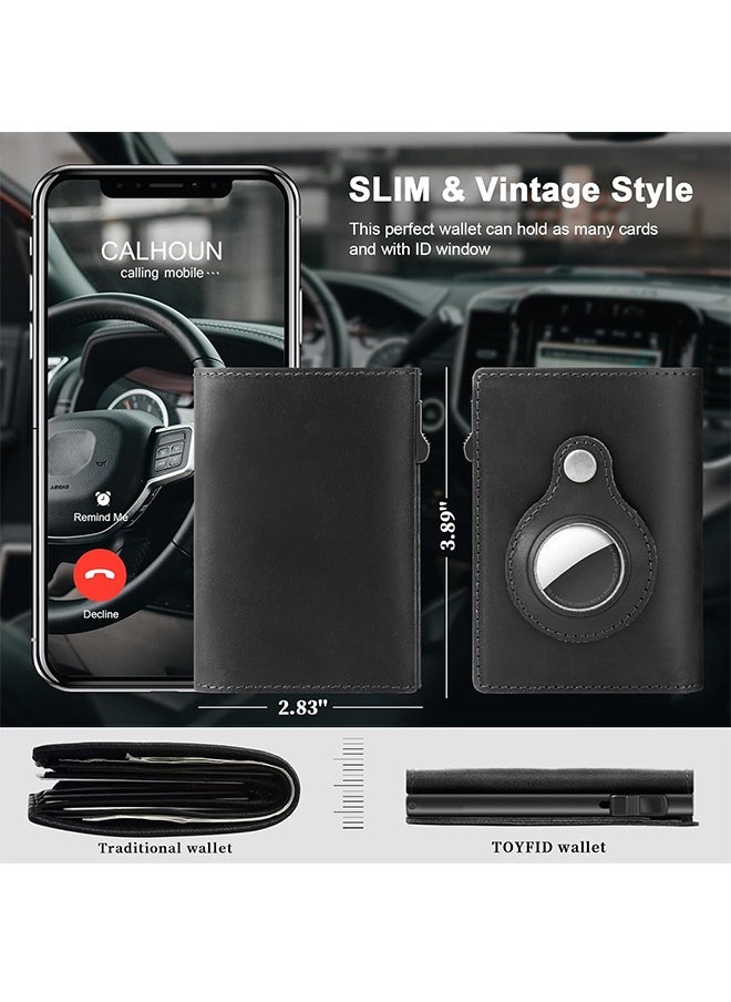 Minimalist Wallet for Men, Pop Up Wallet with Holder for AirTag, Men's Slim Wallet, Card Holder Case Wallet Leather, RFID Blocking, ID Window, Magnetic Closure, Cash Credit Cards Wallet, Black