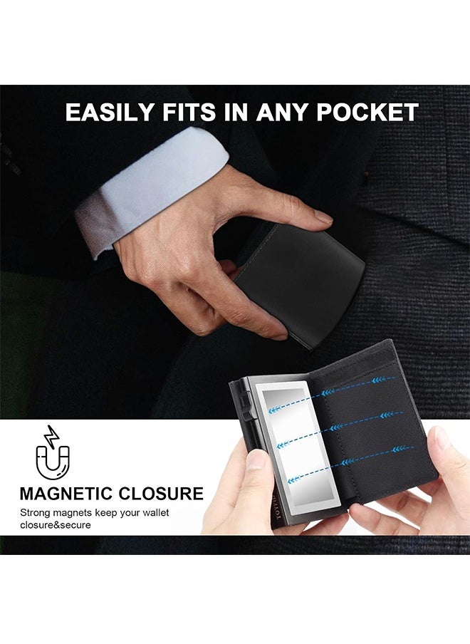 Minimalist Wallet for Men, Pop Up Wallet with Holder for AirTag, Men's Slim Wallet, Card Holder Case Wallet Leather, RFID Blocking, ID Window, Magnetic Closure, Cash Credit Cards Wallet, Black