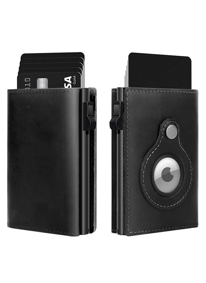 Minimalist Wallet for Men, Pop Up Wallet with Holder for AirTag, Men's Slim Wallet, Card Holder Case Wallet Leather, RFID Blocking, ID Window, Magnetic Closure, Cash Credit Cards Wallet, Black