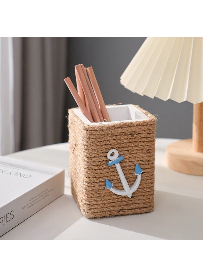 YINZUO Nautical Rope Pen Holder – Coastal Desk Organizer with Sailboat/Anchor/Seagull Decor – Beach Theme Office Pencil Cup - Image 1