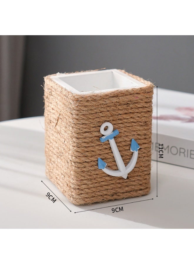 YINZUO Nautical Rope Pen Holder – Coastal Desk Organizer with Sailboat/Anchor/Seagull Decor – Beach Theme Office Pencil Cup - Image 2