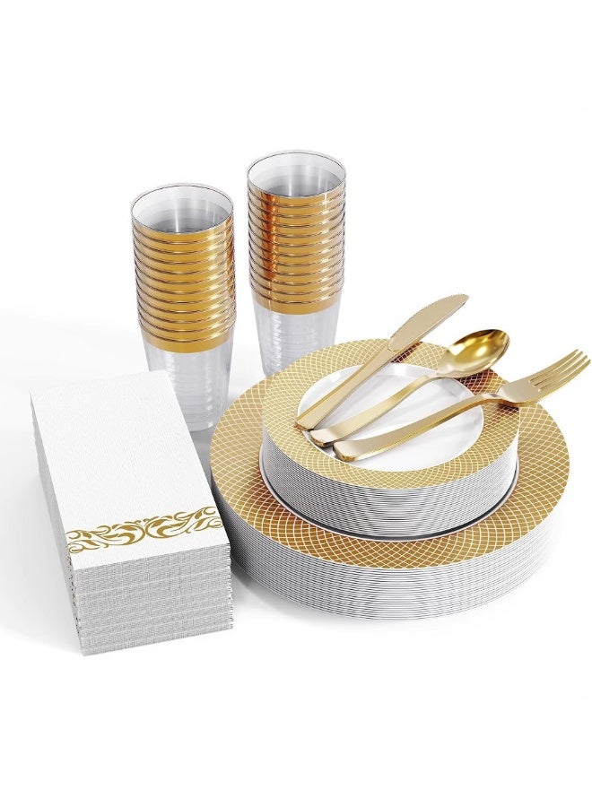 ١٧٥ قطعة طقم أطباق طعام ذهبي فاخر، أطقم أدوات مائدة تستخدم لمرة واحدة لـ ٢٥ ضيف، مثالي للأعراس، أعياد الميلاد، الحفلات، المناسبات - Image 1