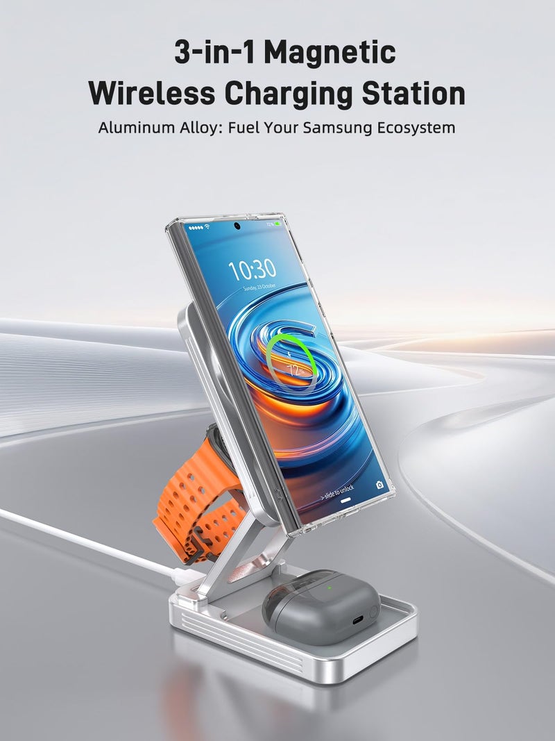 NeotrixQI Magnetic Wireless Charger for Samsung, Aluminum Alloy 3 in 1 Charging Station for Samsung Galaxy S26 Ultra/Z Fold7/Flip7/Buds4, Qi2 Foldable Travel Watch Charger for Galaxy Watch 8/Ultra/7 - Image 2