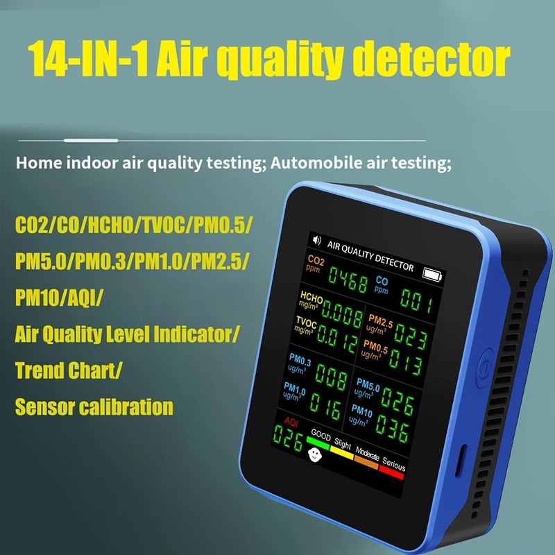 14-in-1 Air Quality Monitor White Blue Portable AQI PM2.5 CO2 Detection Indoor - Image 1