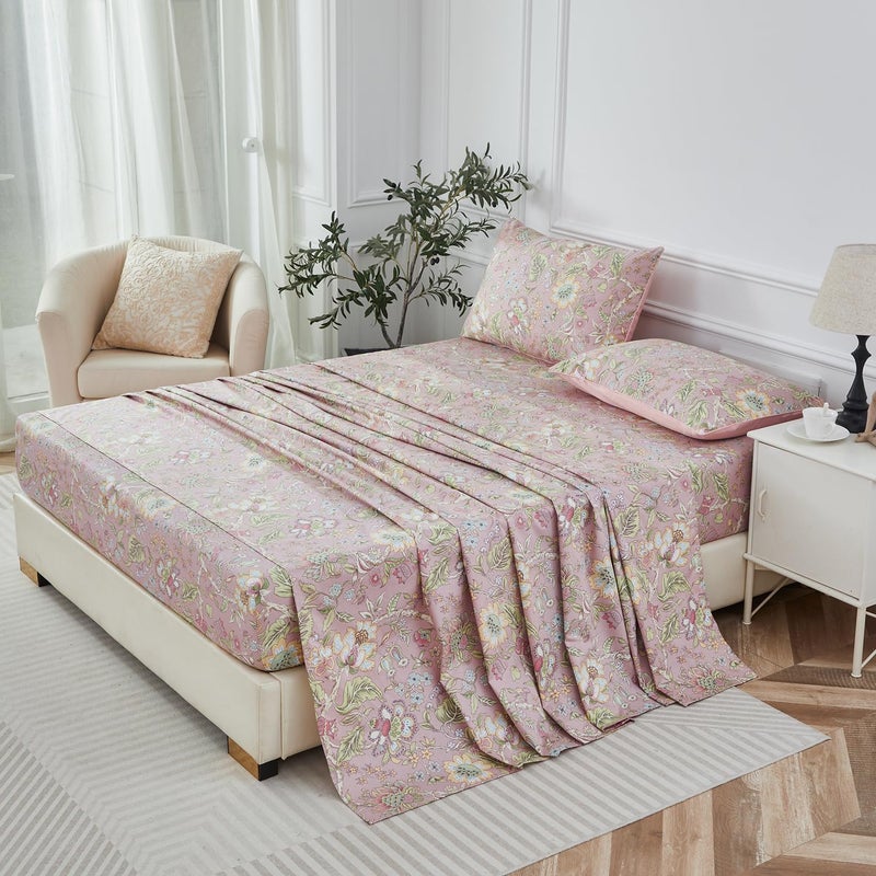 Urbonur Pink Floral Sheet Set King Size 4-Pieces 100% Cotton Percale Sheets For King Bed Shabby Vintage Flowers Bed Sheets King Soft Crisp Luxury Bedding Set  Deep Pocket Sheets - Image 3
