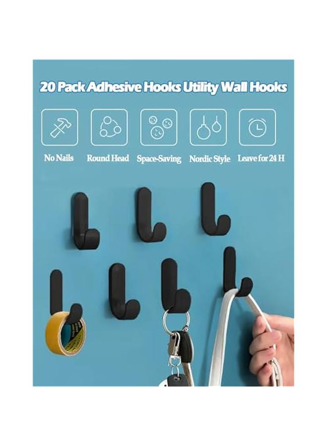 20 Pack Adhesive Hooks Utility Wall Hooks, Cute Key Hooks Plastic Decorative Wall Holder, Black Self Adhesive Wall Hooks for Hats, Towels, Shower, Entryway, Kitchen, Office (Black) - Image 2