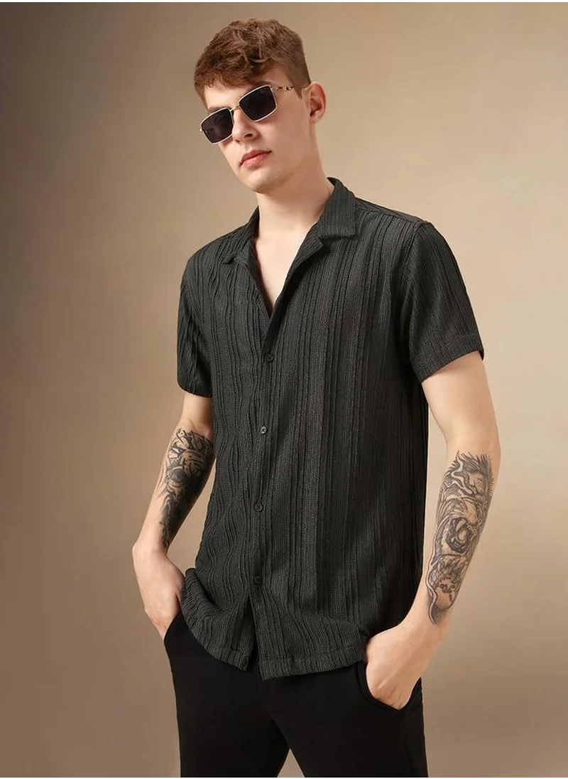 Dennis Lingo Men's Navy Polyester Blend Striped Relaxed Fit Shirt