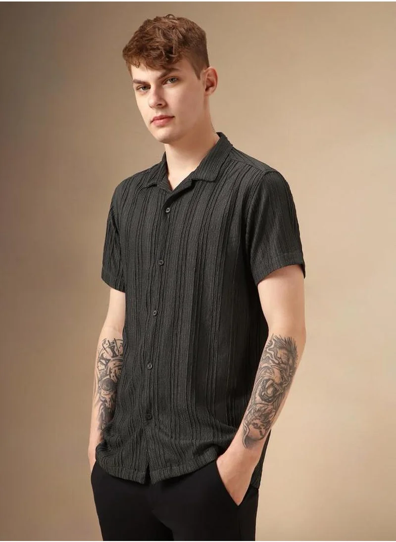 Dennis Lingo Men's Navy Polyester Blend Striped Relaxed Fit Shirt