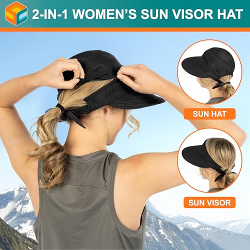 Suncube SUN CUBE Women Sun Hat for Outdoor UV Protection, Wide Brim Sun Hat Ponytail, Convertible Zip-Off Beach Hat Visor for Golf Gardening Pool Travel, Foldable Summer UPF50+ Visor Hat, Black - Image 5