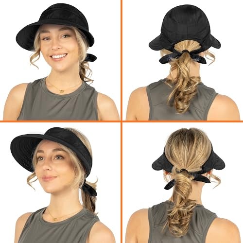 Suncube SUN CUBE Women Sun Hat for Outdoor UV Protection, Wide Brim Sun Hat Ponytail, Convertible Zip-Off Beach Hat Visor for Golf Gardening Pool Travel, Foldable Summer UPF50+ Visor Hat, Black - Image 4