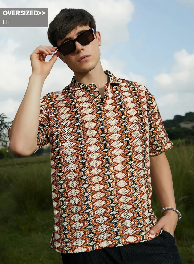 Campus Sutra Campus Sutra Men's Multicolour Nomadic Knit Oversized Shirt For Casual Wear | Cuban Collar | Short Regular Sleeves | Button Closure | Oversized Shirt Crafted With Comfort Fit For Everyday Wear