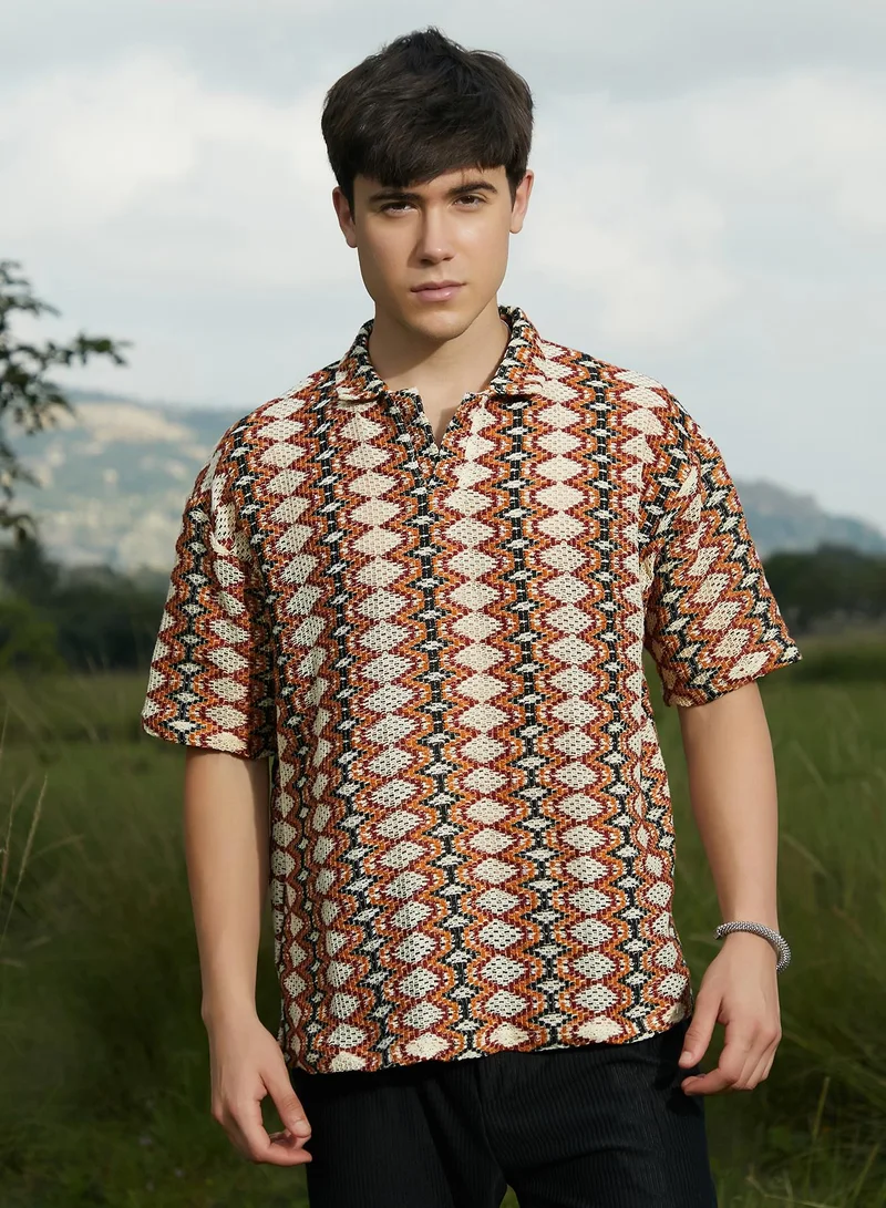 Campus Sutra Campus Sutra Men's Multicolour Nomadic Knit Oversized Shirt For Casual Wear | Cuban Collar | Short Regular Sleeves | Button Closure | Oversized Shirt Crafted With Comfort Fit For Everyday Wear