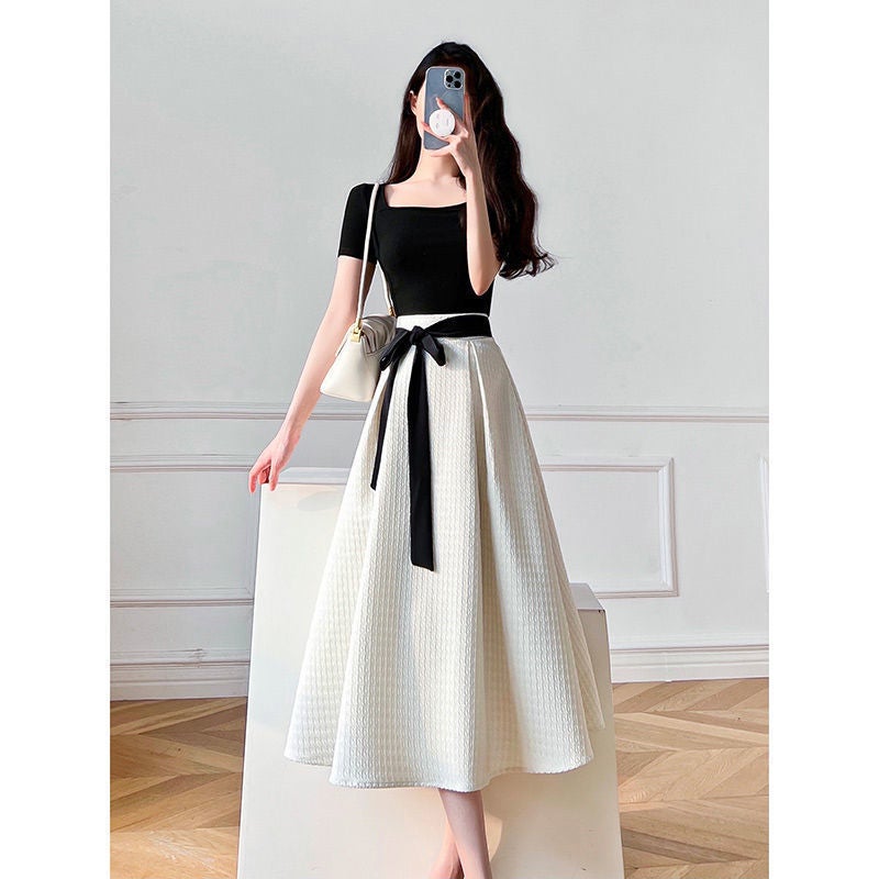 Womens Spring Chic Waist-Slimming Skirt Set Black Top Skirt