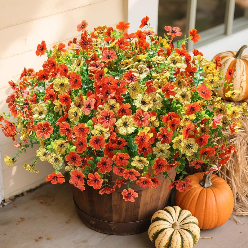 florisso Artificial Fall Flowers Fake Mums for Outdoor Autumn Decoration, 12 Bundles Faux Silk Orange Yellow Mums Daisy Look Real UV Resistant for Outside Home Porch Patio Planter - Image 1
