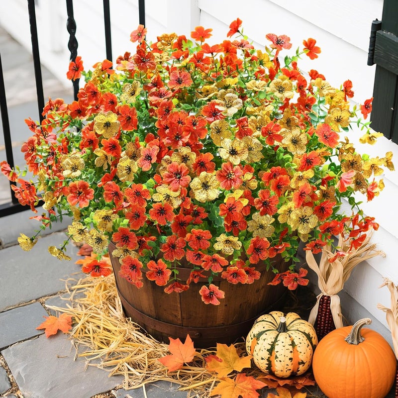 florisso Artificial Fall Flowers Fake Mums for Outdoor Autumn Decoration, 12 Bundles Faux Silk Orange Yellow Mums Daisy Look Real UV Resistant for Outside Home Porch Patio Planter - Image 2