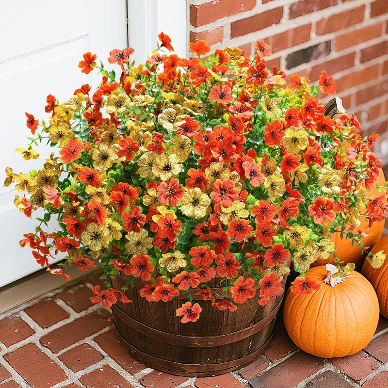 florisso Artificial Fall Flowers Fake Mums for Outdoor Autumn Decoration, 12 Bundles Faux Silk Orange Yellow Mums Daisy Look Real UV Resistant for Outside Home Porch Patio Planter - Image 3