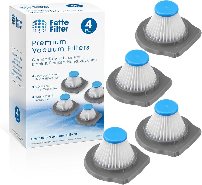Fette Filter HLVCF10 Replacement Filter Compatible with BLACK+DECKER Advanced Clean & Reviva Vacuum Models HLVC + HLVC315J10, HLVC315B10, HLVC315B01, HLVC320J01, HLVC320B01, REVHV8J40, REVHV8J40W Pack of 4 - Image 1