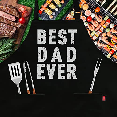 ALIPOBO BBQ Funny Apron for Men - Best Dad Ever - Chef Bib Apron with 2 Pockets, Adjustable Neck Strap and 40" Long Ties - Best for Kitchen Cooking, Grilling, Baking, Gardening - Black - Image 2