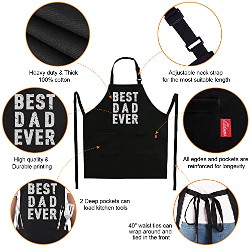 ALIPOBO BBQ Funny Apron for Men - Best Dad Ever - Chef Bib Apron with 2 Pockets, Adjustable Neck Strap and 40" Long Ties - Best for Kitchen Cooking, Grilling, Baking, Gardening - Black - Image 3