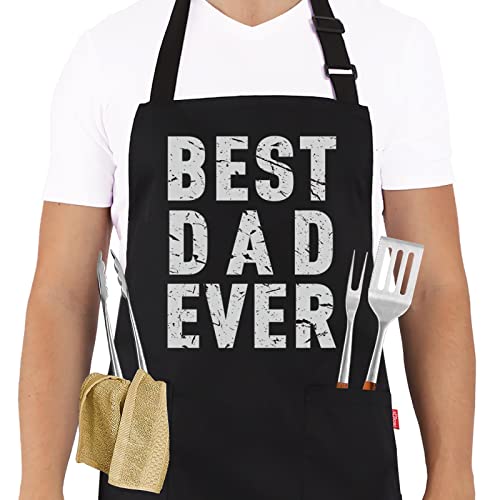 ALIPOBO BBQ Funny Apron for Men - Best Dad Ever - Chef Bib Apron with 2 Pockets, Adjustable Neck Strap and 40" Long Ties - Best for Kitchen Cooking, Grilling, Baking, Gardening - Black - Image 1