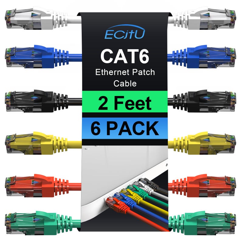 ecjtu Cat6 Patch Cables 2 Feet (6 Pack), Cat 6 Ethernet Cable, 24AWG CCA Cord, UTP Network, Internet Cable, Compatible for PC, Laptop, Routers, Switches, Servers, Printers, RJ45 LAN with 25 Cable Ties - 2FT - Image 1