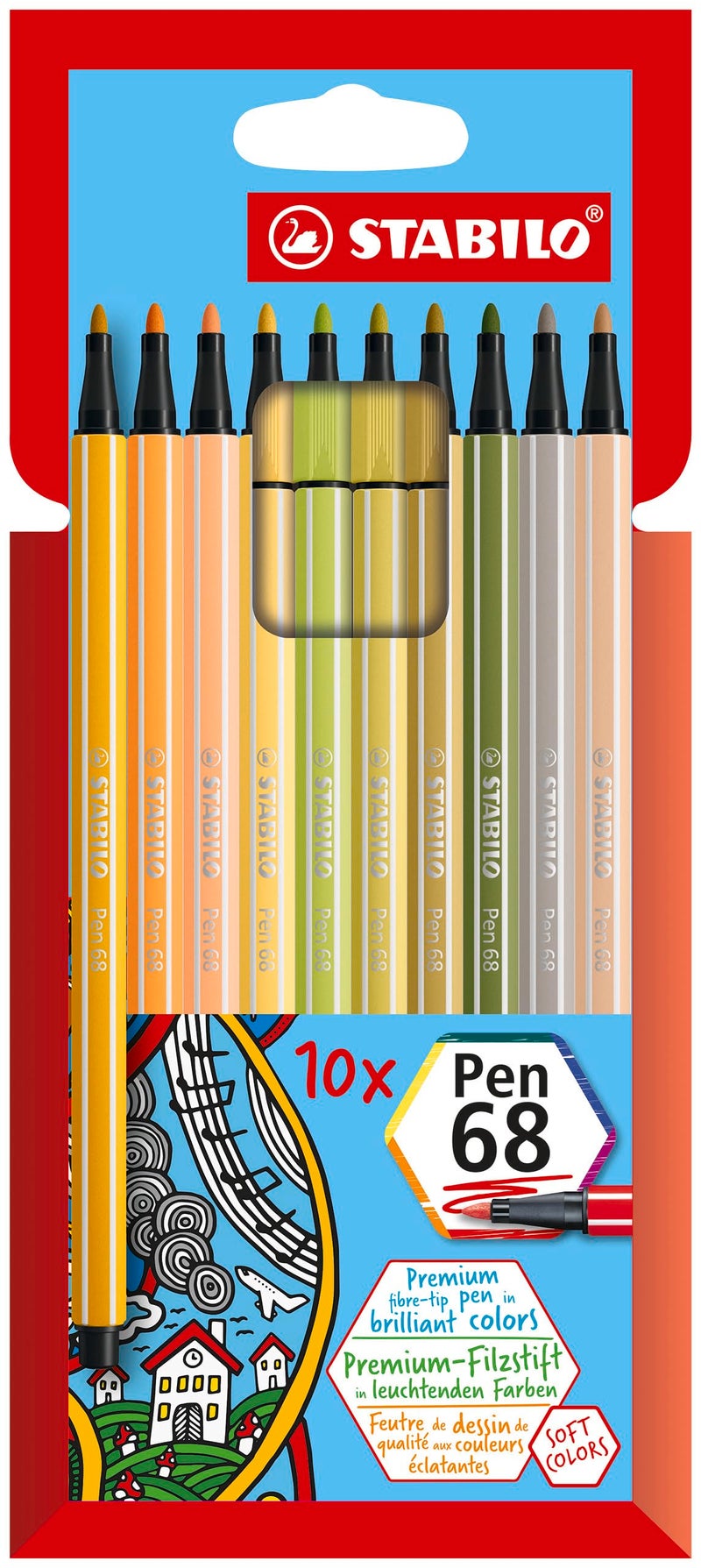 STABILO قلم STABILO Premium Fiber-Tip Pen 68 - عبوة من 10 - ألوان متنوعة - قلم تلوين بفوهة شعرية، نقطة دقيقة، 1 مم، فوهة متوسطة، تأثيرات مائية - Image 1