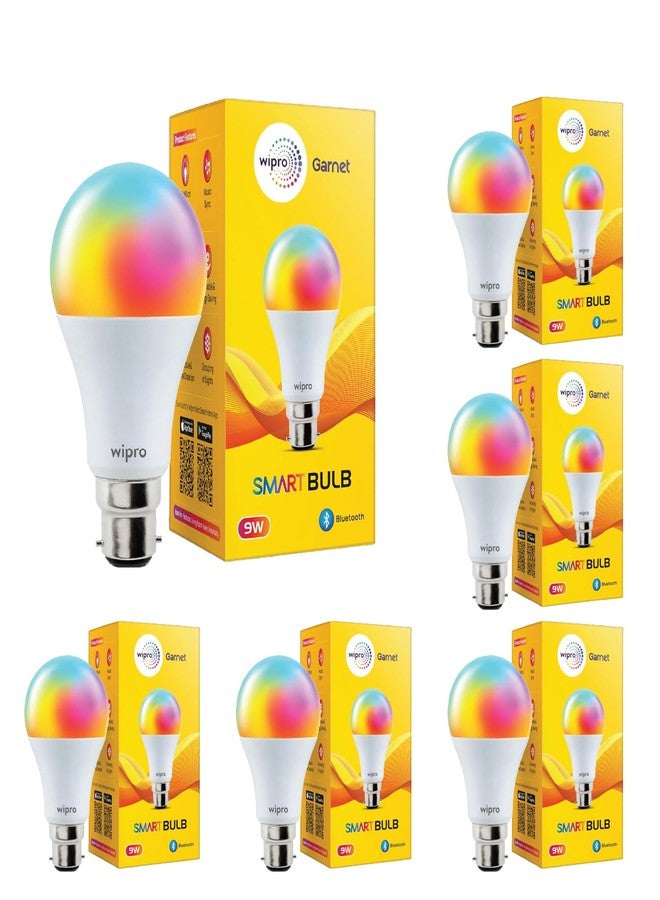 wipro 9W Bluetooth Enabled Smart Bulb B22 | 16 million Colours | White Tunable (Warm, Neutral & Cool White) | Dimmable | App-Control | Music Sync | Schedule & Scenes | Pack of 6