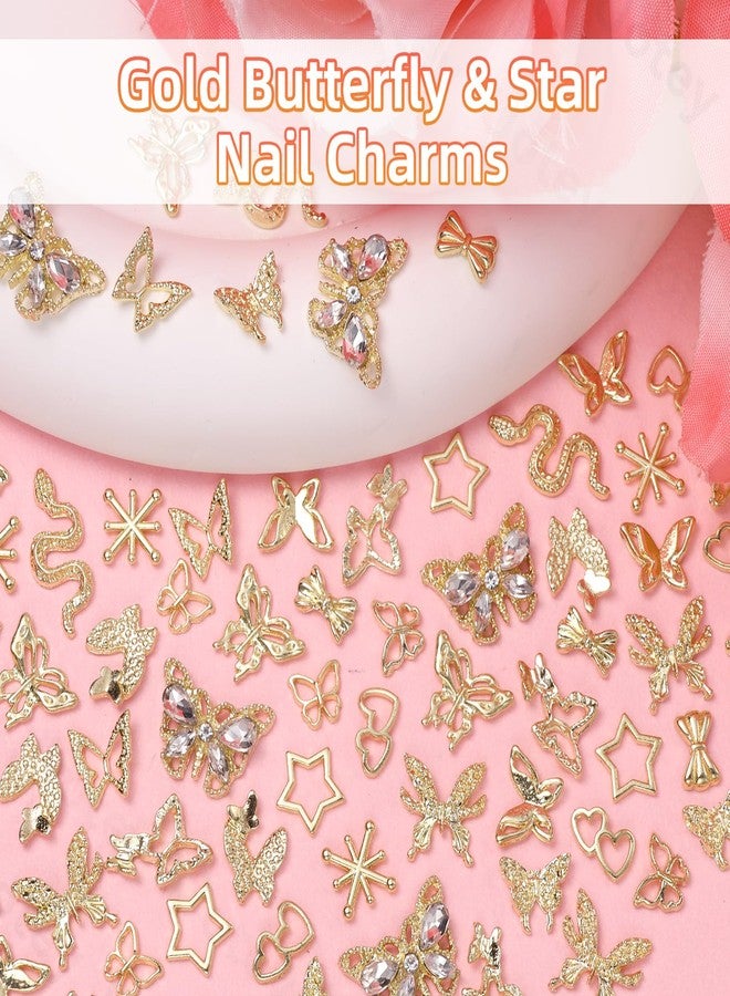 Uotey 70 Pcs Gold Butterfly Nail Charm, Multi Styles 3D Butterfly Nail Charms and Gems Snake Nails Charms, Y2K Star Bow Alloy Charm for Acrylic Nails Art DIY Accessories - Image 3
