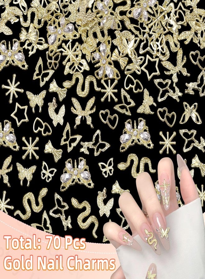 Uotey 70 Pcs Gold Butterfly Nail Charm, Multi Styles 3D Butterfly Nail Charms and Gems Snake Nails Charms, Y2K Star Bow Alloy Charm for Acrylic Nails Art DIY Accessories - Image 4
