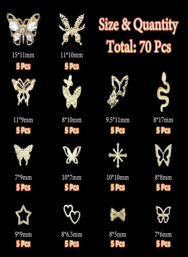 Uotey 70 Pcs Gold Butterfly Nail Charm, Multi Styles 3D Butterfly Nail Charms and Gems Snake Nails Charms, Y2K Star Bow Alloy Charm for Acrylic Nails Art DIY Accessories - Image 2