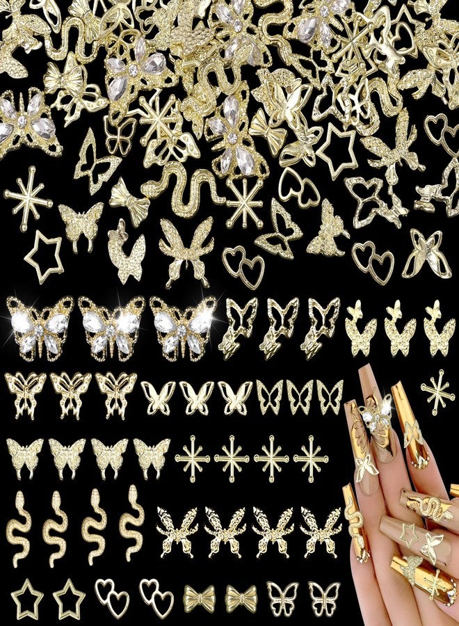 Uotey 70 Pcs Gold Butterfly Nail Charm, Multi Styles 3D Butterfly Nail Charms and Gems Snake Nails Charms, Y2K Star Bow Alloy Charm for Acrylic Nails Art DIY Accessories - Image 1