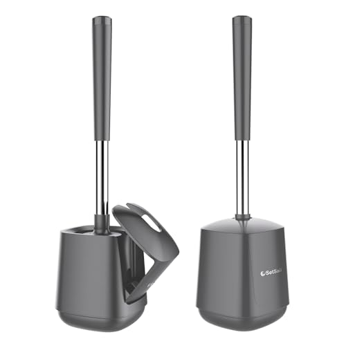 SetSail Toilet Brush and Holder 2 Pack Self Closing Lid Toilet Bowl Brushes Holder and Extra Long Handle Ventilated Toilet Brush Set for Bathroom Cleaning Nylon Bristles Grey - Image 1
