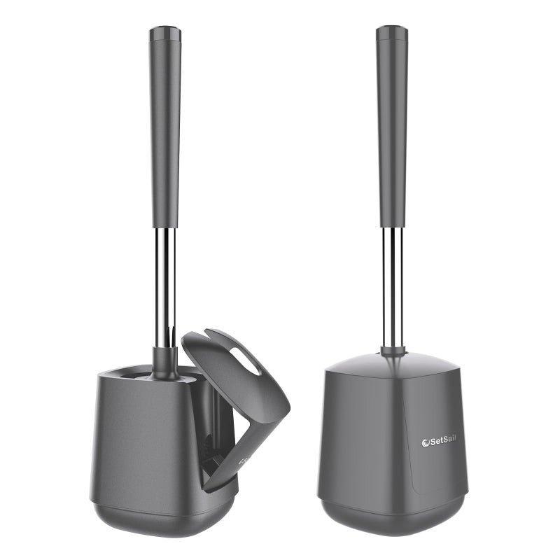 SetSail Toilet Brush and Holder 2 Pack Self Closing Lid Toilet Bowl Brushes Holder and Extra Long Handle Ventilated Toilet Brush Set for Bathroom Cleaning Nylon Bristles Grey - Image 2
