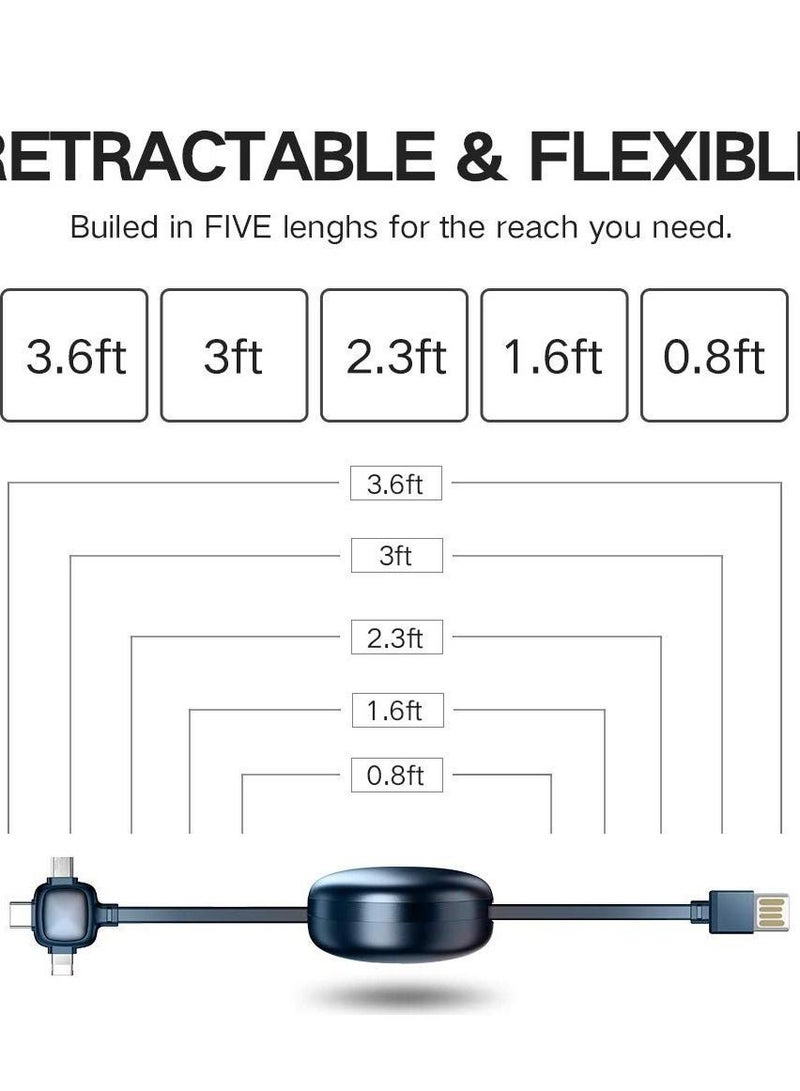 واي آند دي كابل شحن Micro USB ، متعدد 3 في 1 قابل للسحب متوافق مع منافذ Type-C / Micro-USB iP الشحن العالمي لجهاز الكمبيوتر اللوحي (3.6 قدم 1.1 متر رمادي) - Image 3