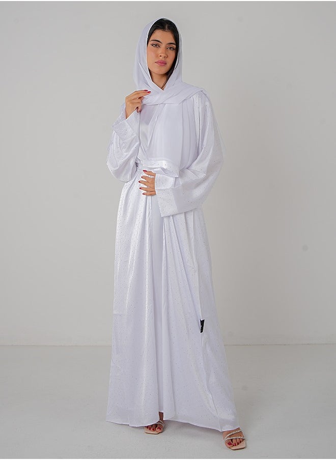 JAMEELA White Satin Bling Open Abaya 3 pieces Set  - Image 1