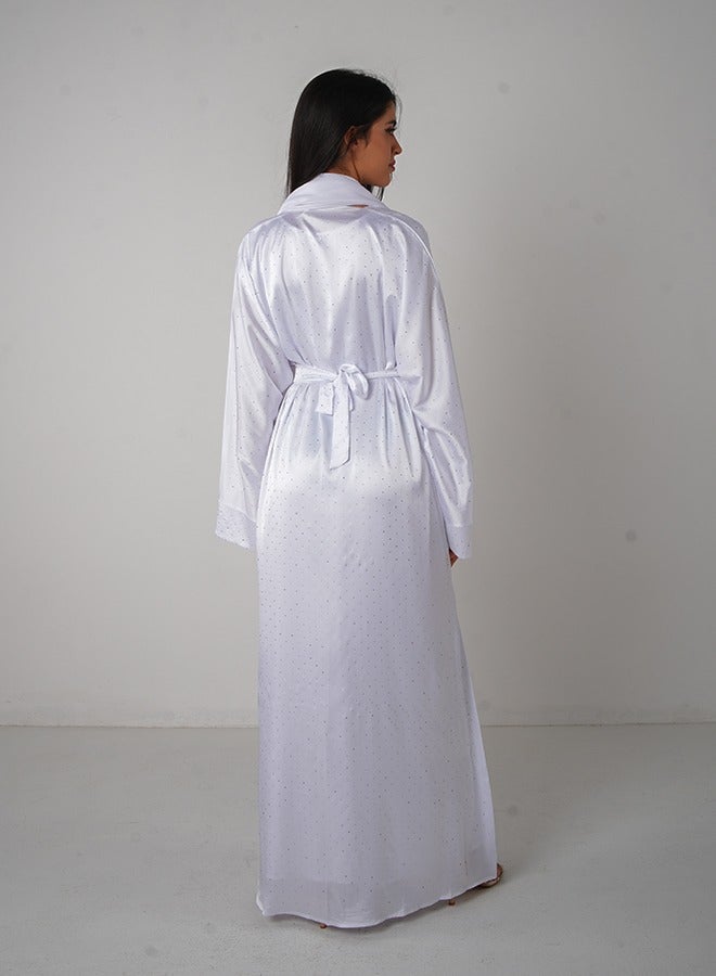 JAMEELA White Satin Bling Open Abaya 3 pieces Set  - Image 2