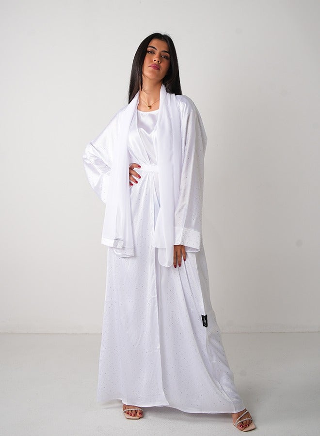 JAMEELA White Satin Bling Open Abaya 3 pieces Set  - Image 3