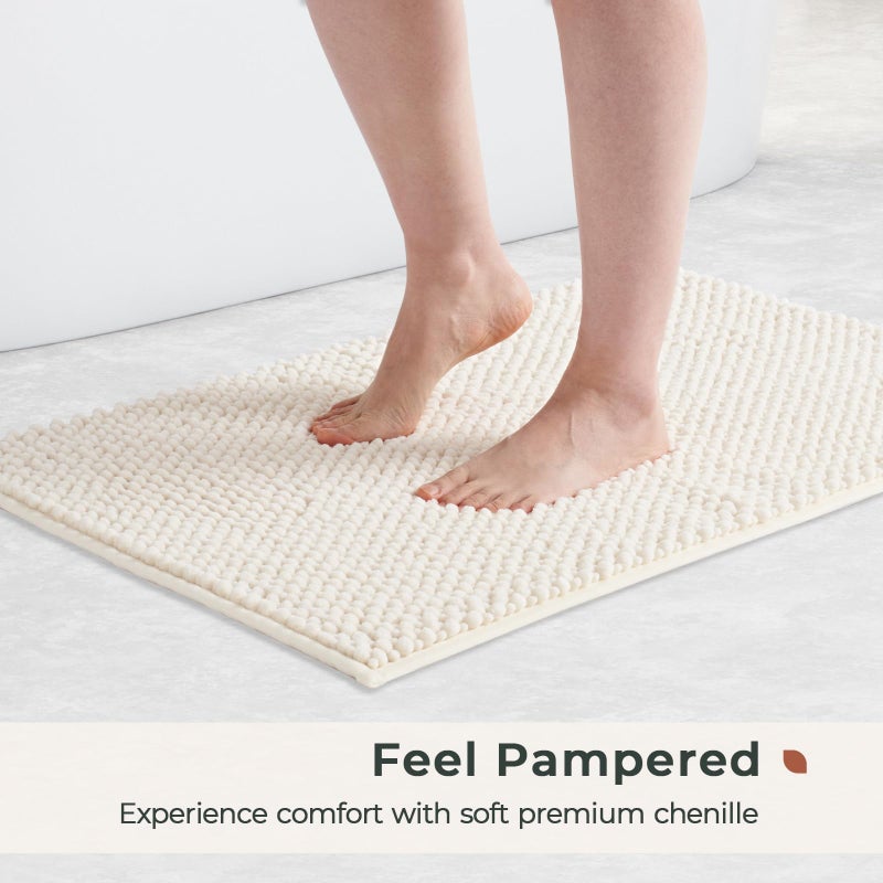 FRESHMINT Chenille Bathroom Rugs Sets 2 Piece 17"x24"+20"x47", Non-Slip Bath Mats Set for Bathroom, Absorbent Bath Rug, Washable Set of 2 Shower Floor Mat Runner, Cream - Image 2