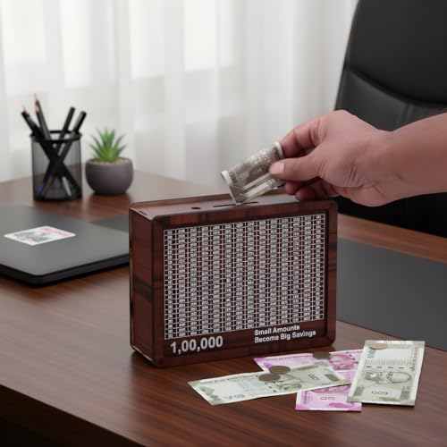 Countrylink Wooden Money Bank with Savings Tracker | 100000 Goal Piggy Bank for Kids | Cash Collection Toy with Savings Chart (Brown, Target : 1 Lakh (1 Pc)) - Image 5