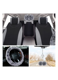 Digipace 17 Pieces Car Seat Cover  Universal Fit Car Front Rear Seat Covers, Fluffy Steering Wheel Covers, Fleece Handbrake Shift Cover, Hanging Accessory Holder Ring Emblem Sticker (Ash Black)  - Image 3