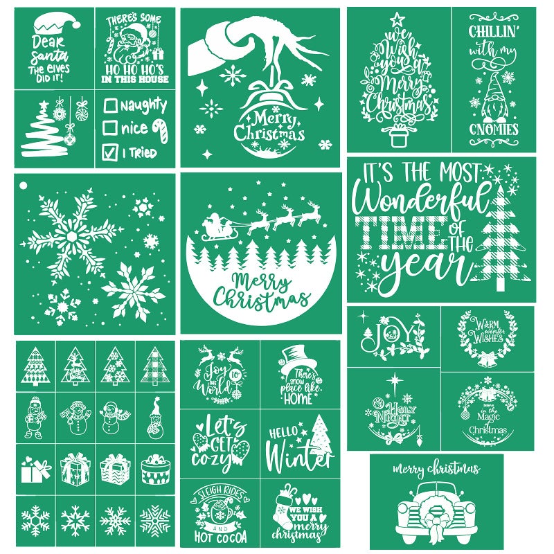 JAJADO Christmas Theme Silk Screen Stencils 10 Pcs Xmas Winter Holiday Chalk Mesh Transfers Mesh Stencil Reusable SelfAdhesive Screen Printing Stencils for Wood Fabric Pillow Wall DIY Home Decor