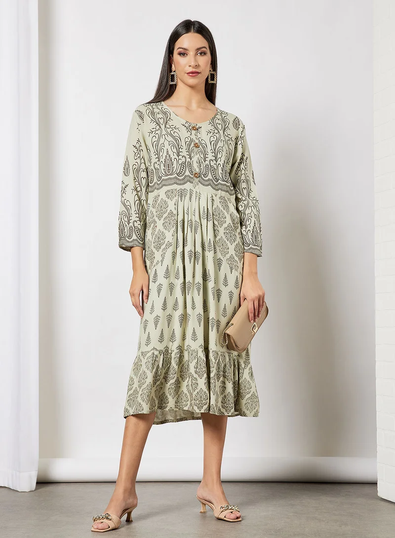 HANA & SARA All Over Printed Round Neck Three Quarter Sleeve Jalabiya With Facemask