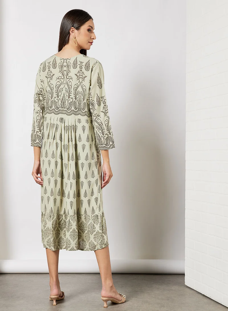 HANA & SARA All Over Printed Round Neck Three Quarter Sleeve Jalabiya With Facemask